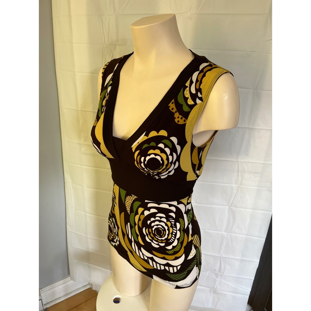 Ripe 70s Style Brown Green Floral Empire Waist V-Neck Sleeveless Top M
